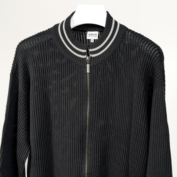 Armani Collezioni Charcoal Cotton-Knit Striped-Accent Zip Jacket - Picture 3 of 10